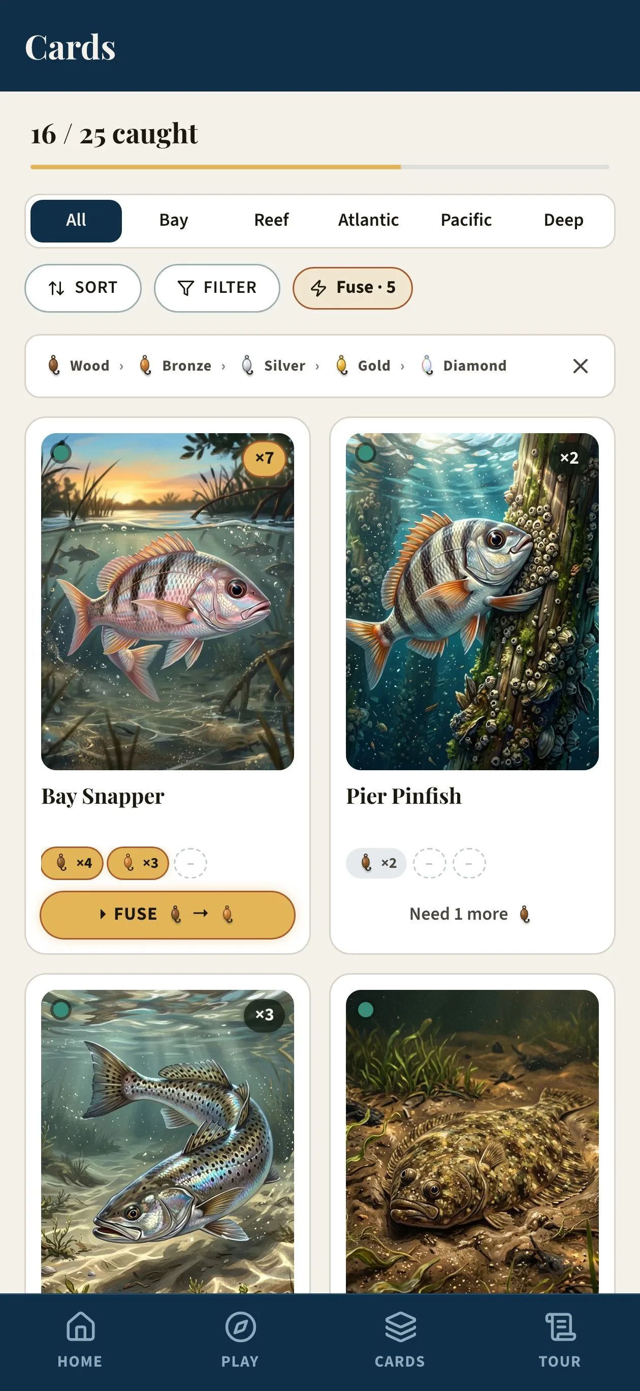 Cards Collection — 2-column tile grid with per-tier counts